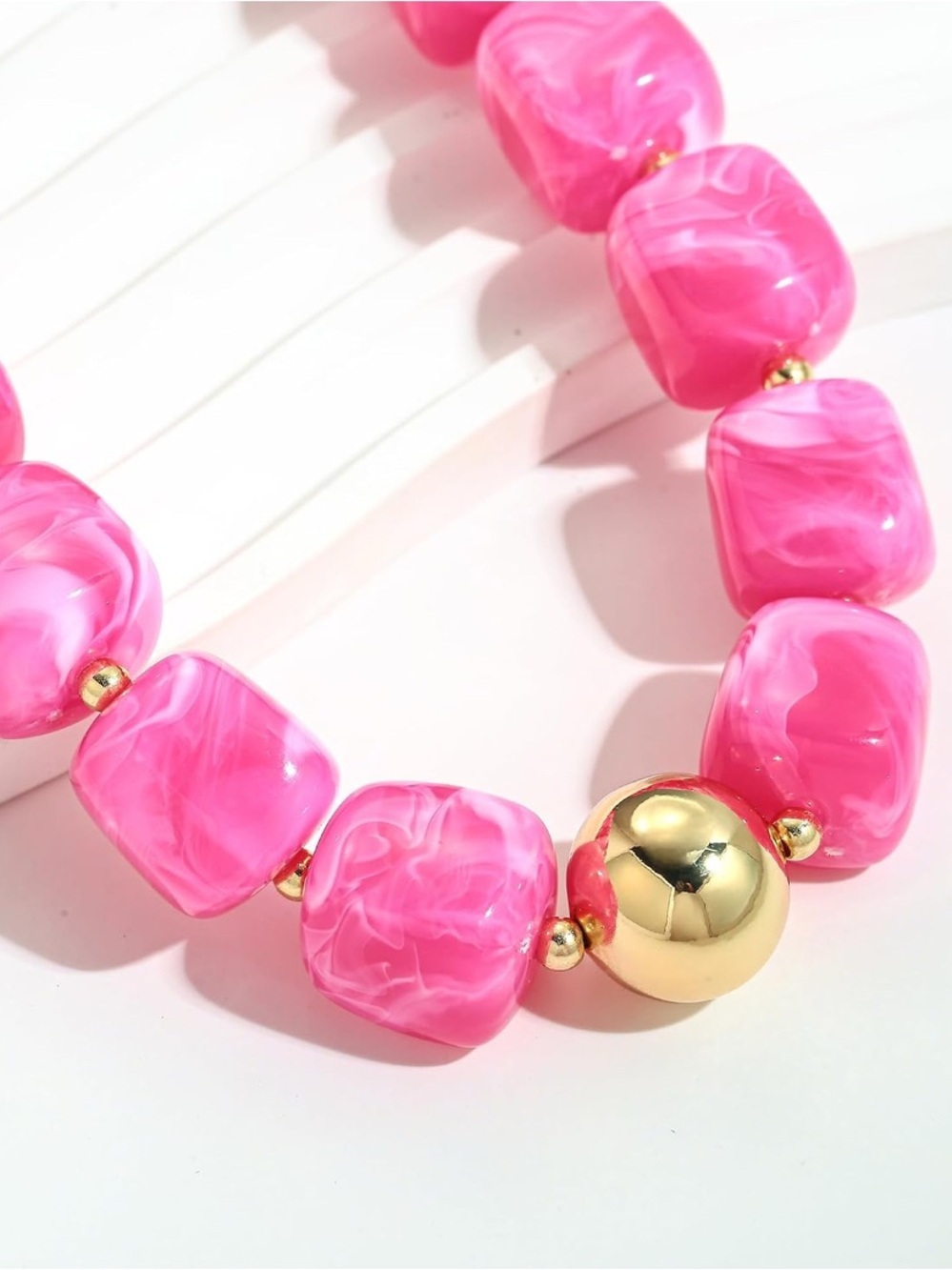 Hot Pink Beaded Dopamine Necklace with Gold Accent